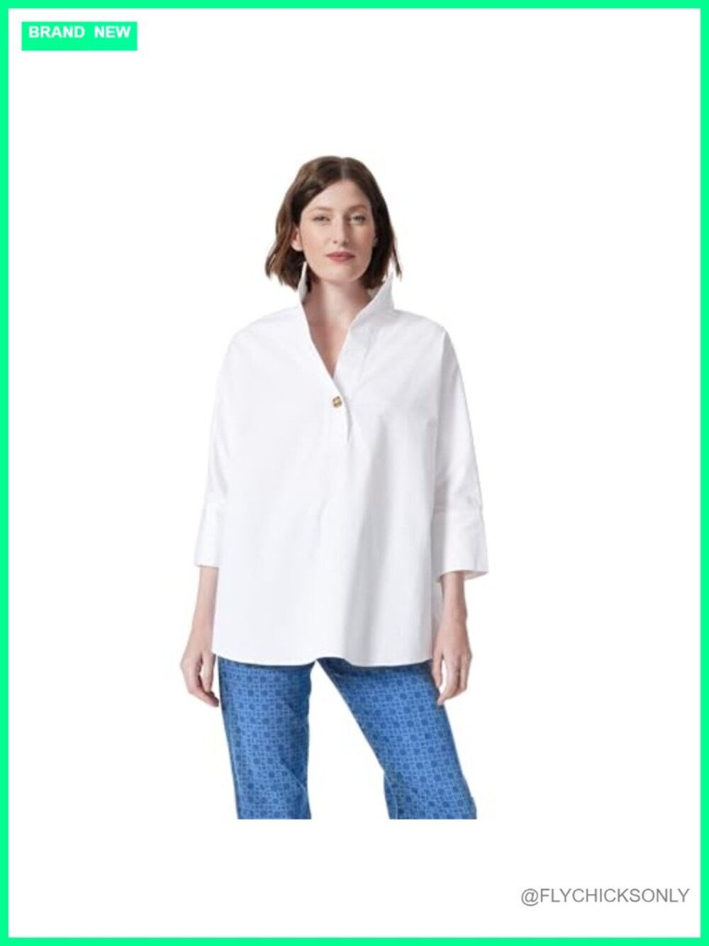 Women's Hailey Stand Collar Pullover Shirt 3/4 Sleeve Relaxed Fit Woven Blouse